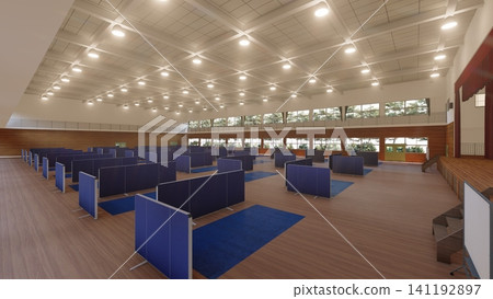 體育館疏散避難所內安裝的隔間;防災/災害應變圖像;包含人物的 3D 插圖。 體育館疏散避難所內安裝的隔間;防災/災害應變圖像;包含人物的 3D 插圖。 141192897