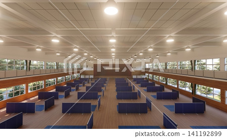 體育館疏散避難所內安裝的隔間;防災/災害應變圖像;包含人物的 3D 插圖。 體育館疏散避難所內安裝的隔間;防災/災害應變圖像;包含人物的 3D 插圖。 141192899