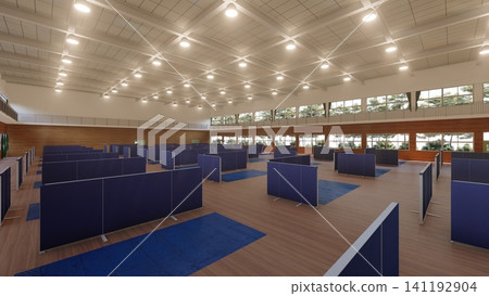 體育館疏散避難所內安裝的隔間;防災/災害應變圖像;包含人物的 3D 插圖。 體育館疏散避難所內安裝的隔間;防災/災害應變圖像;包含人物的 3D 插圖。 141192904