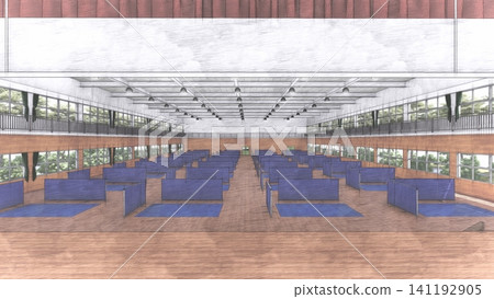 體育館疏散避難所內安裝的隔間;防災/災害應變圖像;包含人物的 3D 插圖。 體育館疏散避難所內安裝的隔間;防災/災害應變圖像;包含人物的 3D 插圖。 141192905