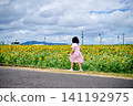 A girl looking happy in a sunflower field 141192975