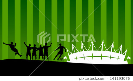 Football Player Silhouettes on Soccer Field Background with Stadium Scene Background Football Player Silhouettes on Soccer Field Background with Stadium Scene Background 141193076