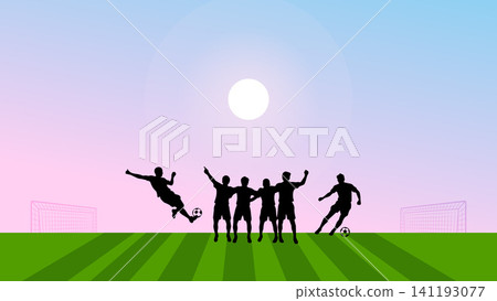 Soccer Stadium Silhouette Background with Green Football Field at Sunset Background Soccer Stadium Silhouette Background with Green Football Field at Sunset Background 141193077