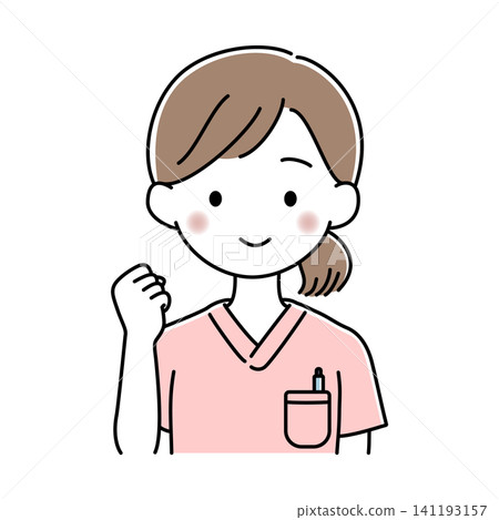 女護士上半身的向量插圖，她單手擺出勝利姿勢。 141193157