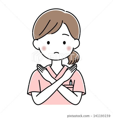 Vector illustration of the upper body of a female nurse making an "X" sign with both arms to indicate refusal. Vector illustration of the upper body of a female nurse making an "X" sign with both arms to indicate refusal. 141193159