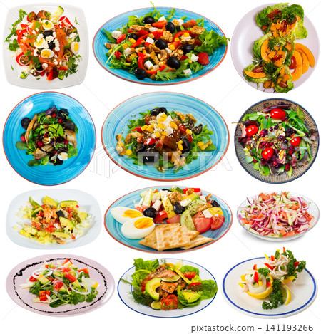 Collage of salads on white background Collage of salads on white background 141193266