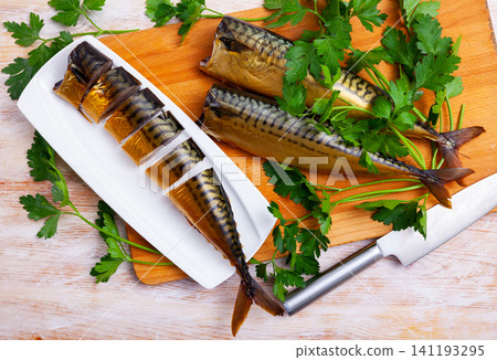 Sliced smoked mackerel with parsley Sliced smoked mackerel with parsley 141193295