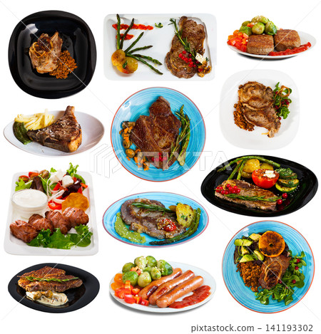 Set of dishes with cooked fried pork and beef with different vegetables Set of dishes with cooked fried pork and beef with different vegetables 141193302