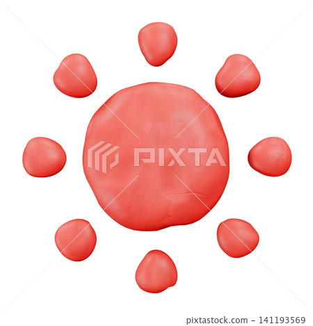 A 3D CG image of a sun made of clay. A cute stamp icon with a sunny weather symbol. Decorative material for children. A 3D CG image of a sun made of clay. A cute stamp icon with a sunny weather symbol. Decorative material for children. 141193569