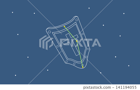 夜空中漂浮的盾牌座的線條畫插圖(盾牌的白色線條畫和星座的彩色線條)。 夜空中漂浮的盾牌座的線條畫插圖(盾牌的白色線條畫和星座的彩色線條)。 141194055