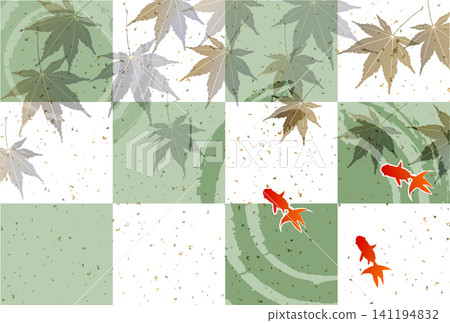Illustration of a Japanese checkered pattern, autumn leaves, and goldfish Illustration of a Japanese checkered pattern, autumn leaves, and goldfish 141194832