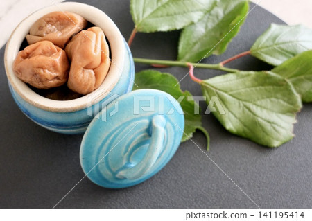 Homemade pickled plums and plum leaves in a jar Homemade pickled plums and plum leaves in a jar 141195414