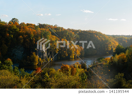 Colorful autumn forest stretching along shore of calm lake with vibrant trees reflected in still water. Golden orange and red foliage covers the woodland creating peaceful seasonal landscape 141195544