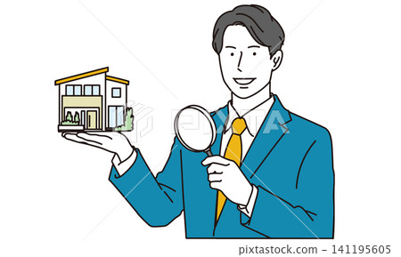 An image illustration of a male real estate agent using a magnifying glass to appraise a house. An image illustration of a male real estate agent using a magnifying glass to appraise a house. 141195605