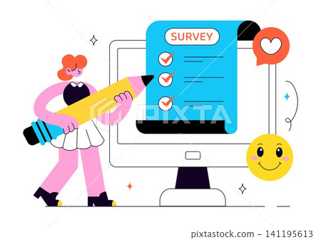 Survey Vector Illustration Featuring Online Questionnaire Form, Customer Feedback, User Opinion, Rating Checklist, Data Collection and Market Research Survey Vector Illustration Featuring Online Questionnaire Form, Customer Feedback, User Opinion, Rating Checklist, Data Collection and Market Research 141195613