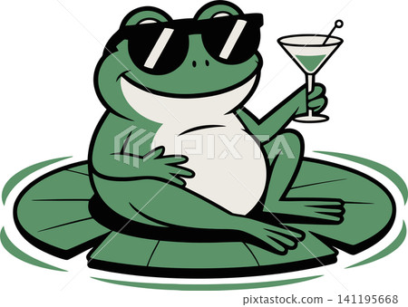Cool Frog Holding Cocktail on Lily Pad Illustration Cool Frog Holding Cocktail on Lily Pad Illustration 141195668