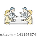 A cute, hand-drawn style business illustration depicting four men and women in a meeting. 141195674