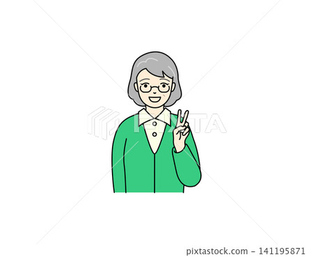 一幅插圖,描繪了一位面帶微笑並比出和平手勢的老婦人。 一幅插圖,描繪了一位面帶微笑並比出和平手勢的老婦人。 141195871