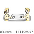 A cute, hand-drawn style business illustration depicting two women in a meeting. 141196057
