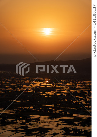 An aerial view of the scattered villages in the Tonami Plain of Toyama Prefecture, where rice paddies glow golden in the setting sun. An aerial view of the scattered villages in the Tonami Plain of Toyama Prefecture, where rice paddies glow golden in the setting sun. 141196137