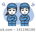 A young man and woman in work clothes and hats, arms crossed and looking dissatisfied. 141196180