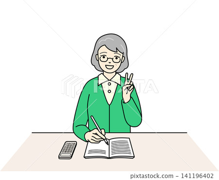 一位老婦人一邊在筆記本上寫字,一邊微笑,比出和平手勢。 一位老婦人一邊在筆記本上寫字,一邊微笑,比出和平手勢。 141196402
