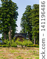 A large Japanese-style house (Azumadachi) with a traditional grove of trees (Kainyo) standing in the Tonami Plain of Toyama Prefecture. 141196486