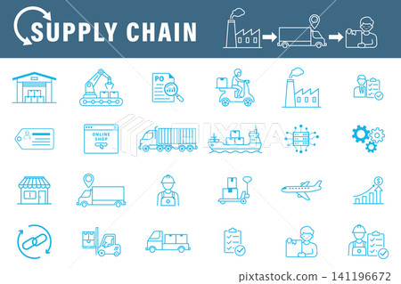Supply chain and logistics icon set in thin line style. Vector illustrations of transportation, warehouse, delivery, manufacturing, and global cargo tracking operations. Supply chain and logistics icon set in thin line style. Vector illustrations of transportation, warehouse, delivery, manufacturing, and global cargo tracking operations. 141196672