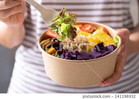 Salad lettuce, sweet corn, pumpkin, tomato, purple sweet potato, crab stick, azuki bean and quinao 141196932