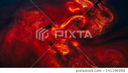Sparkling ink blend. Dust fluid. Shimmering metallic particles paint copper red smoke flow. Mysterious color mix splash blur abstract black background. Sparkling ink blend. Dust fluid. Shimmering metallic particles paint copper red smoke flow. Mysterious color mix splash blur abstract black background. 141196998