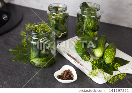 Jars filled with cucumbers and green herbs sitting on a kitchen counter near a sink 141197251
