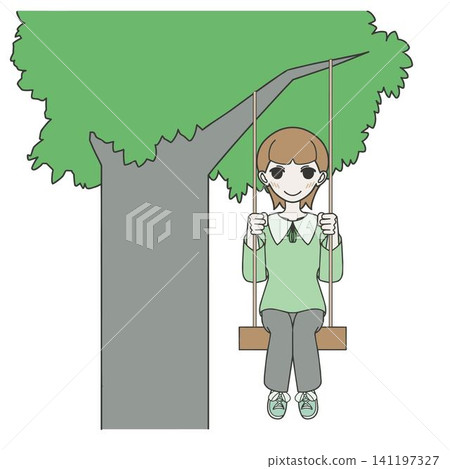 一幅插圖,描繪了一個面帶微笑的女孩在懸掛於樹上的自製鞦韆上玩耍。 一幅插圖,描繪了一個面帶微笑的女孩在懸掛於樹上的自製鞦韆上玩耍。 141197327