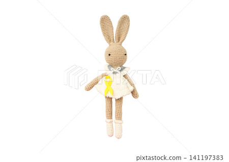 Crochet rabbit doll wearing a dress and ribbon, isolated on white, PNG Crochet rabbit doll wearing a dress and ribbon, isolated on white, PNG 141197383