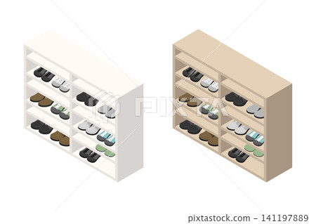 An illustration of an open shoe rack in an office, where sneakers and indoor shoes are lined up. 141197889