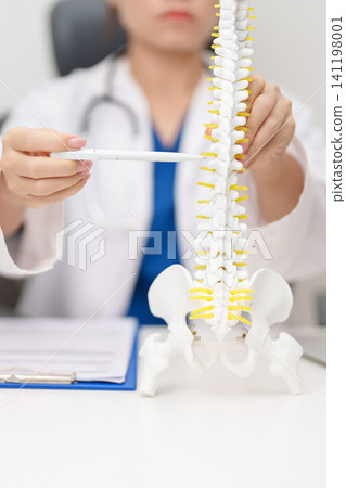 Doctor with human Spine anatomy model. Spinal Cord Disorder and disease, Back pain, Lumbar, Sacral pelvis, Cervical neck, Thoracic, Coccyx, Orthopedist, chiropractic, Office Syndrome and health Doctor with human Spine anatomy model. Spinal Cord Disorder and disease, Back pain, Lumbar, Sacral pelvis, Cervical neck, Thoracic, Coccyx, Orthopedist, chiropractic, Office Syndrome and health 141198001