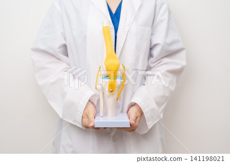 Doctor with Human Knee joint anatomy model. Osteoarthritis, Patellofemoral Pain Syndrome, Patellar Tendinitis, ACL, Anterior Cruciate Ligament, PCL, Posterior, MCL, Medial Collateral, LCL and Lateral Doctor with Human Knee joint anatomy model. Osteoarthritis, Patellofemoral Pain Syndrome, Patellar Tendinitis, ACL, Anterior Cruciate Ligament, PCL, Posterior, MCL, Medial Collateral, LCL and Lateral 141198021