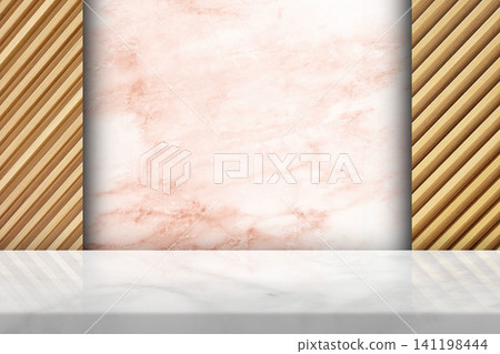 Elegant Marble Platform with Rose Gold Stone and Diagonal Wood Wall for Product Display. Elegant Marble Platform with Rose Gold Stone and Diagonal Wood Wall for Product Display. 141198444