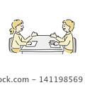 A cute, hand-drawn style business illustration depicting two women in a business meeting. 141198569