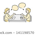 A cute, hand-drawn style business illustration depicting two women in a business meeting. 141198570