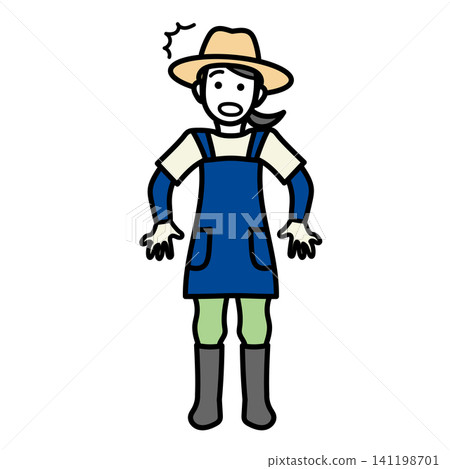Illustration material: Full body of a smiling woman wearing a straw hat, apron, and boots, engaged in farming or gardening. Illustration material: Full body of a smiling woman wearing a straw hat, apron, and boots, engaged in farming or gardening. 141198701