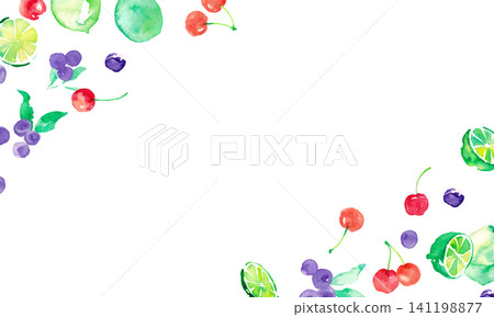 Watercolor-painted summer frame and background set featuring limes, blueberries, and cherries. Watercolor-painted summer frame and background set featuring limes, blueberries, and cherries. 141198877