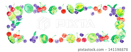 Watercolor-painted summer frame and background set featuring limes, blueberries, and cherries. Watercolor-painted summer frame and background set featuring limes, blueberries, and cherries. 141198878