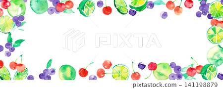 Watercolor-painted summer frame and background set featuring limes, blueberries, and cherries. Watercolor-painted summer frame and background set featuring limes, blueberries, and cherries. 141198879