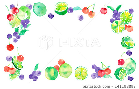 Watercolor-painted summer frame and background set featuring limes, blueberries, and cherries. Watercolor-painted summer frame and background set featuring limes, blueberries, and cherries. 141198892