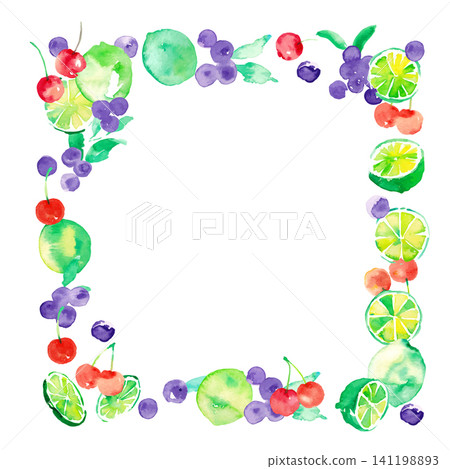 Watercolor-painted summer frame and background set featuring limes, blueberries, and cherries. Watercolor-painted summer frame and background set featuring limes, blueberries, and cherries. 141198893