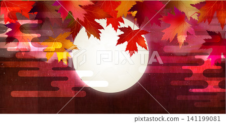 Full moon and beautiful autumn leaves background image 141199081