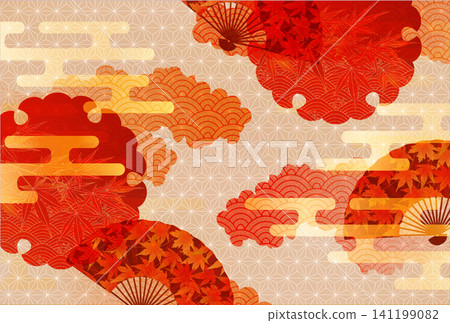 一幅傳統的日式背景插畫，描繪了秋葉和扇子。 141199082
