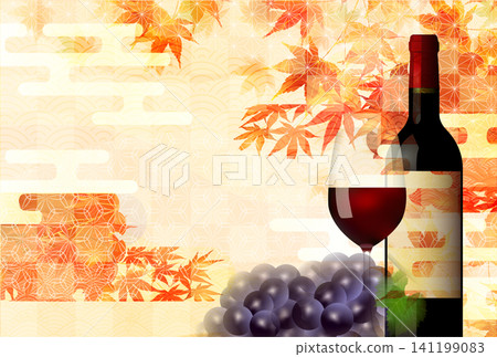 一幅優雅的插圖，描繪了秋葉、一瓶紅酒和一個酒杯。 141199083
