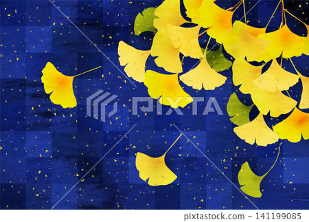 A traditional Japanese background featuring a checkered pattern in indigo blue and fluttering ginkgo leaves. A traditional Japanese background featuring a checkered pattern in indigo blue and fluttering ginkgo leaves. 141199085