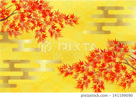 Japanese autumn leaves pattern against a golden background Japanese autumn leaves pattern against a golden background 141199090